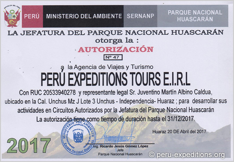 National Park permit Huascaran